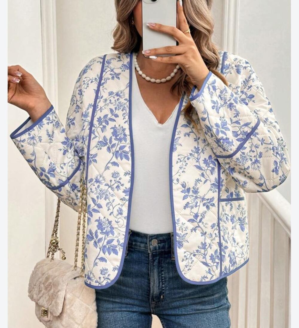 Charlior NEW Quilted Puffer Jacket Button Blue White Floral Size Small/Medium